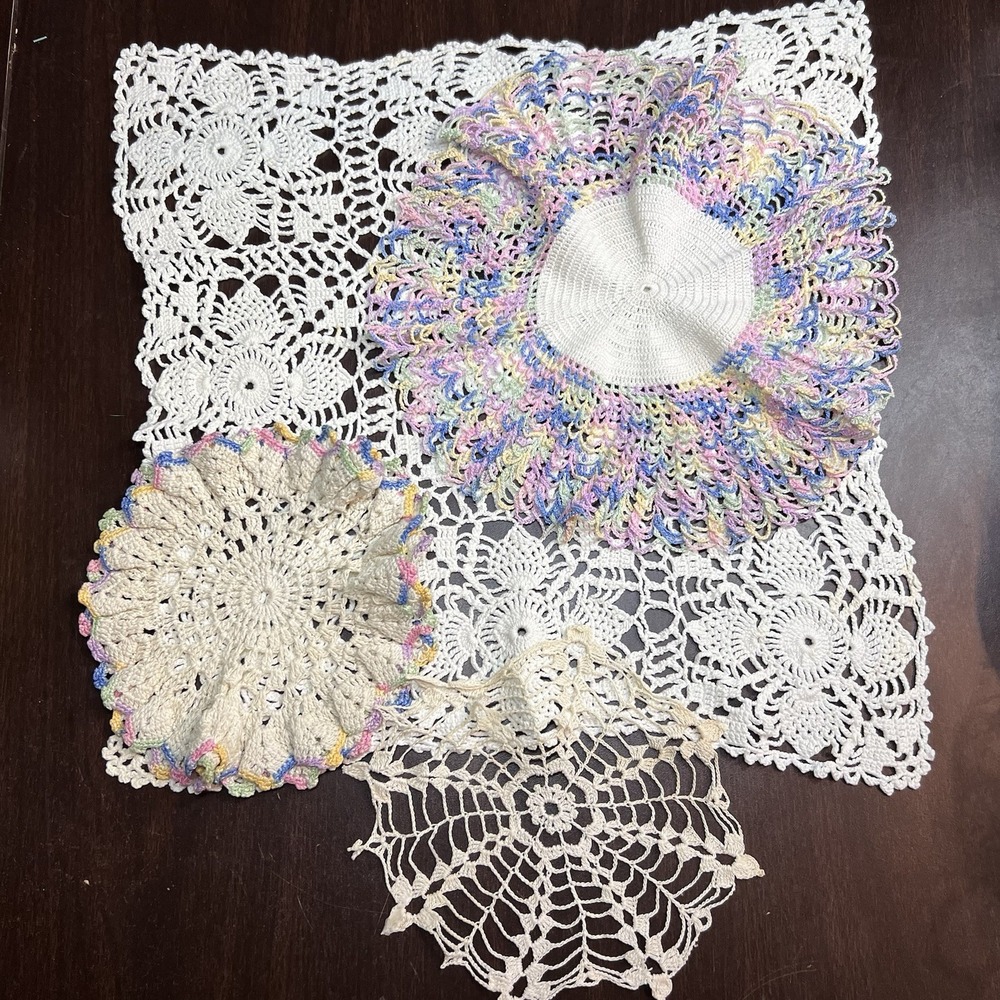 Lot of 4 Vintage Hand Crochet Doilies – Ivory & Pastel Lace Set – Mixed Sizes